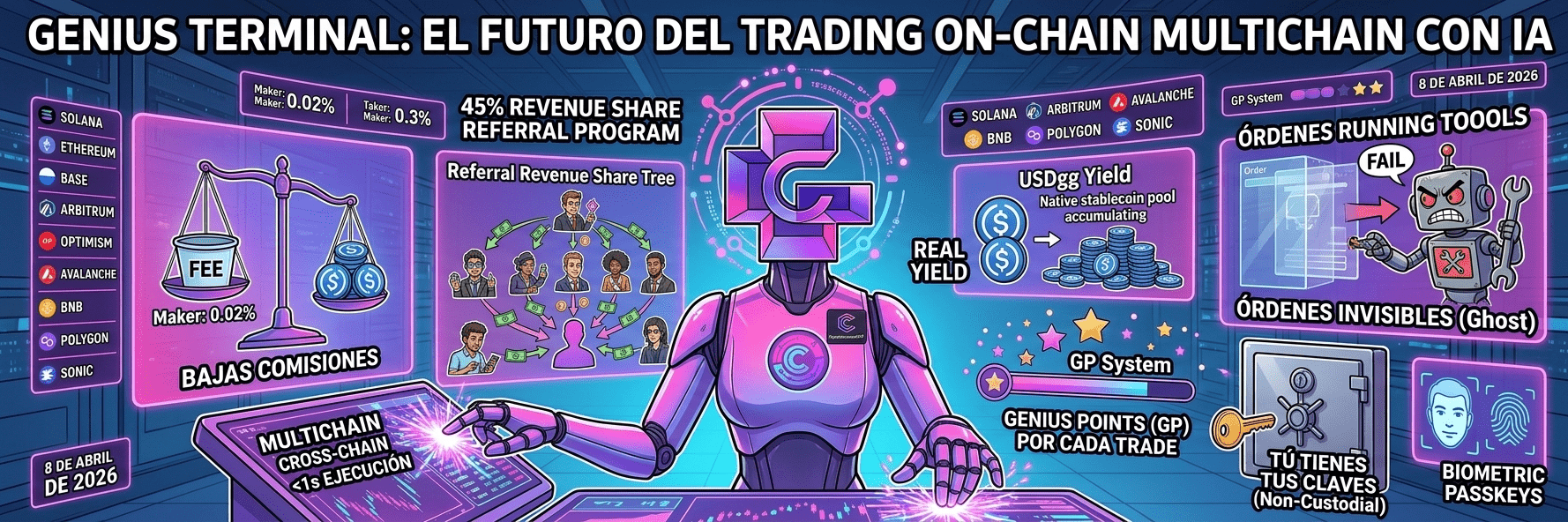 ¡Genius Terminal: Trading con IA, comisiones ultra bajas y 45% Referral Revenue Share para acumular Genius Points!